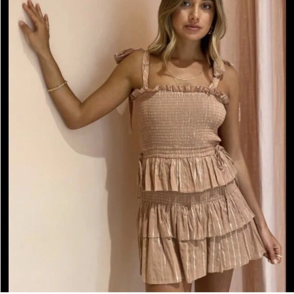 House of Harlow 1960 Corinne Smocked Tiered Mini Dress - Square Neck Size Medium